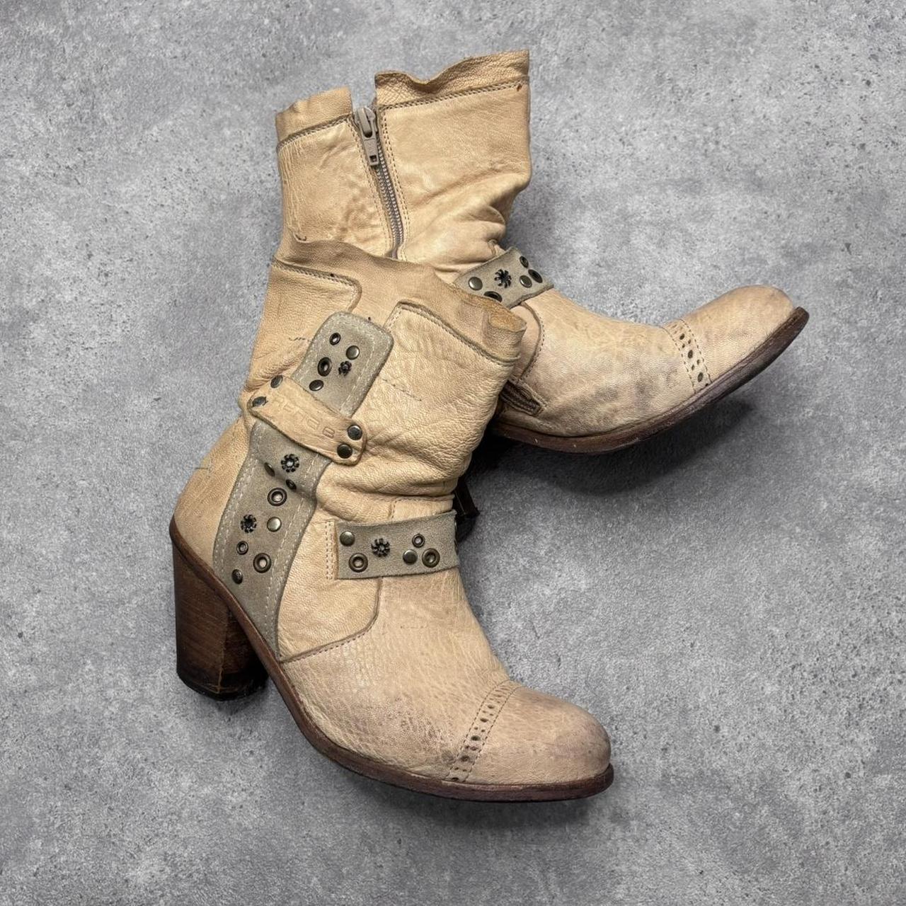 Cream leather studded eyelet boots