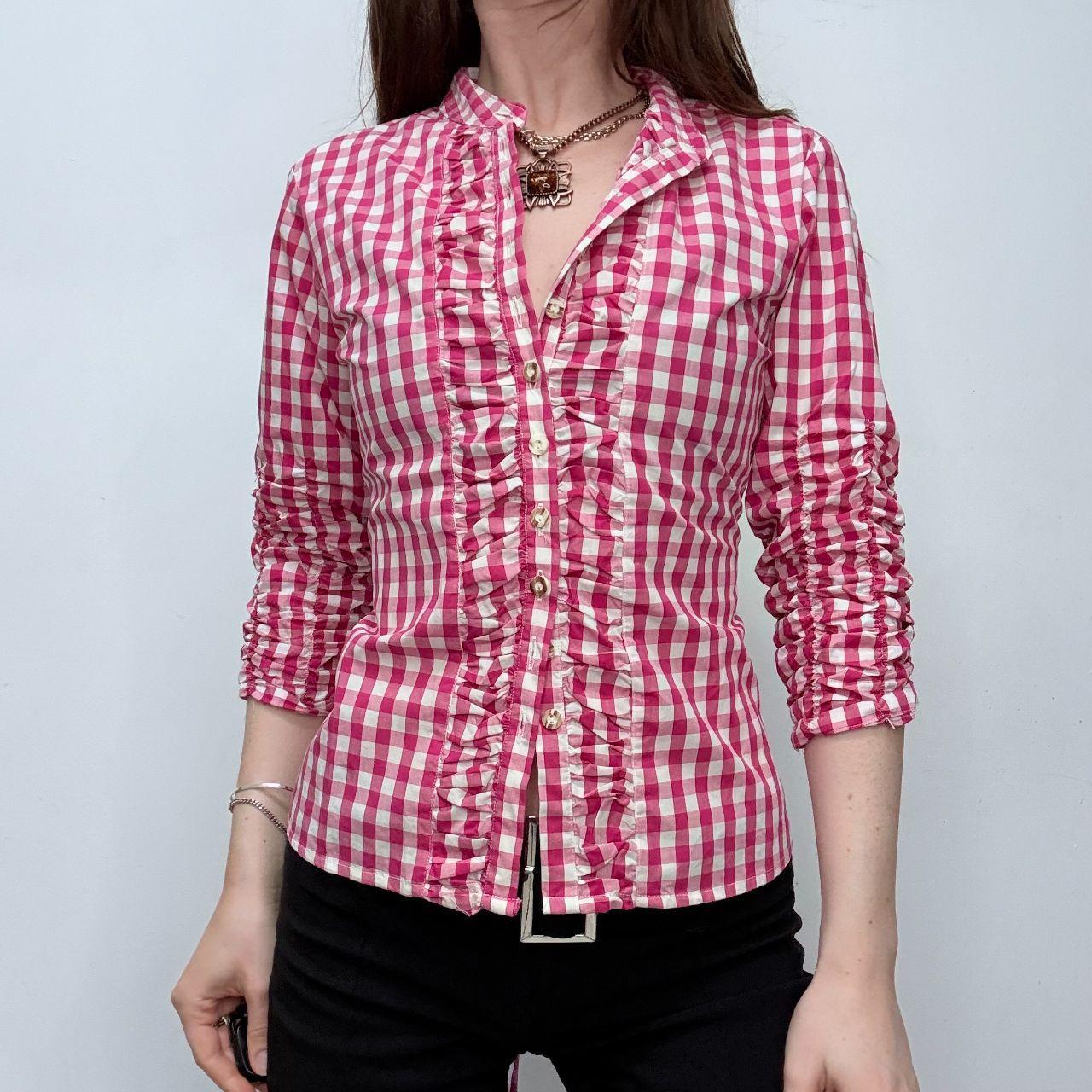 Pink tartan ruffle ruched shirt