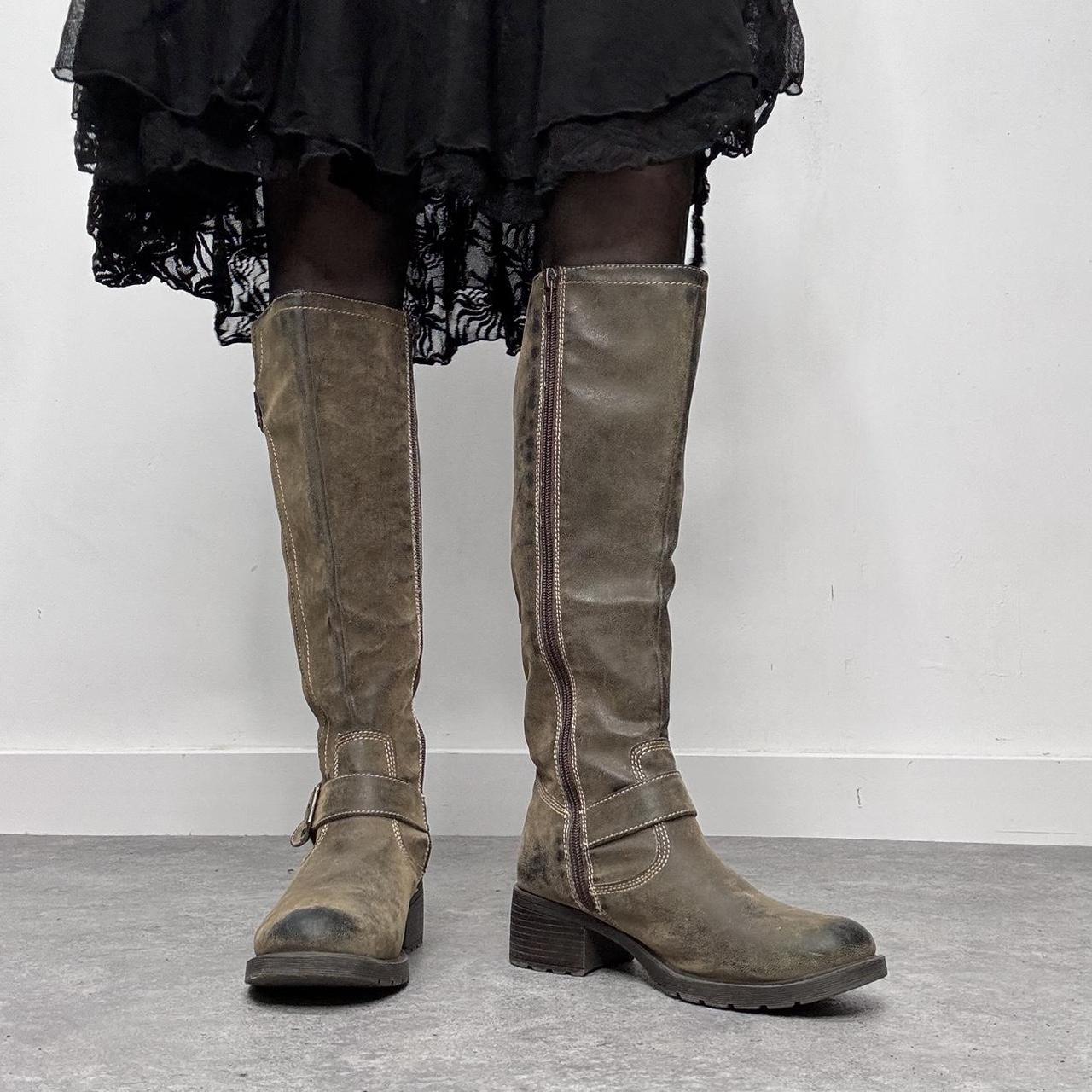 Distressed khaki leather knee high boots