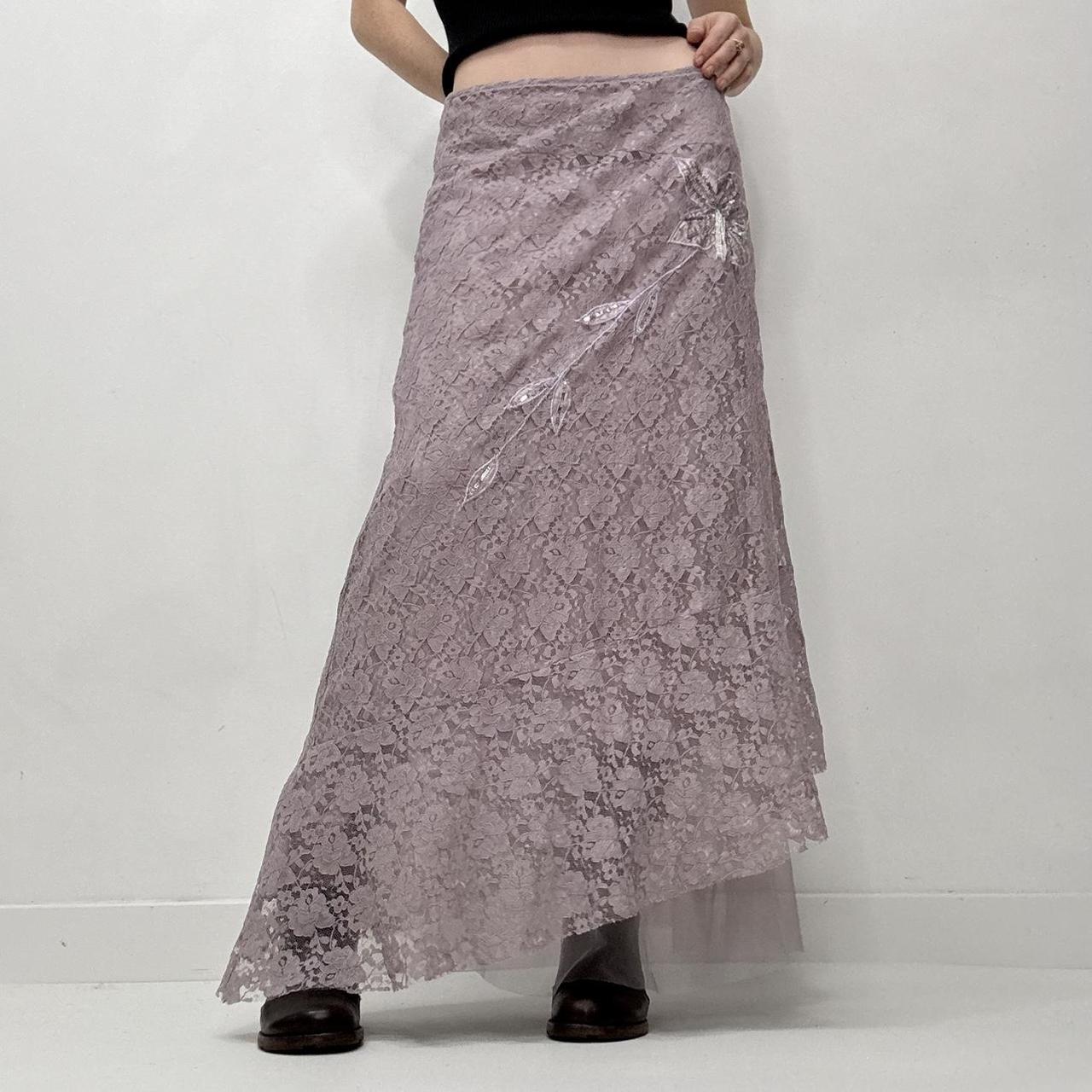 Lilac lace sheer asymmetric maxi skirt
