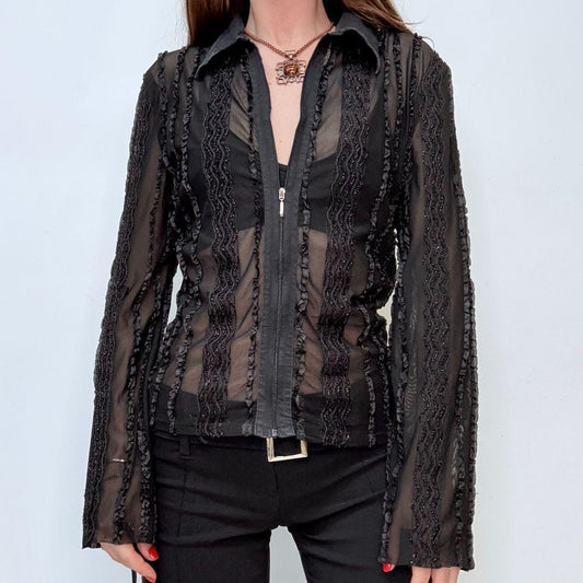 Black lace zip-up fitted shirt