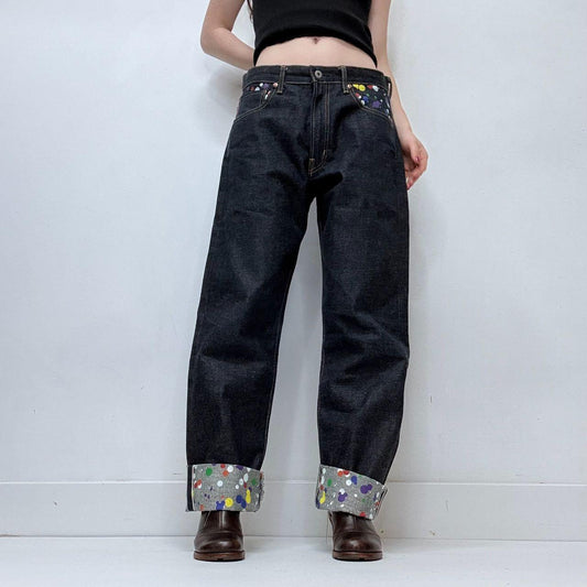 Dark denim salvage denim barrel leg jeans