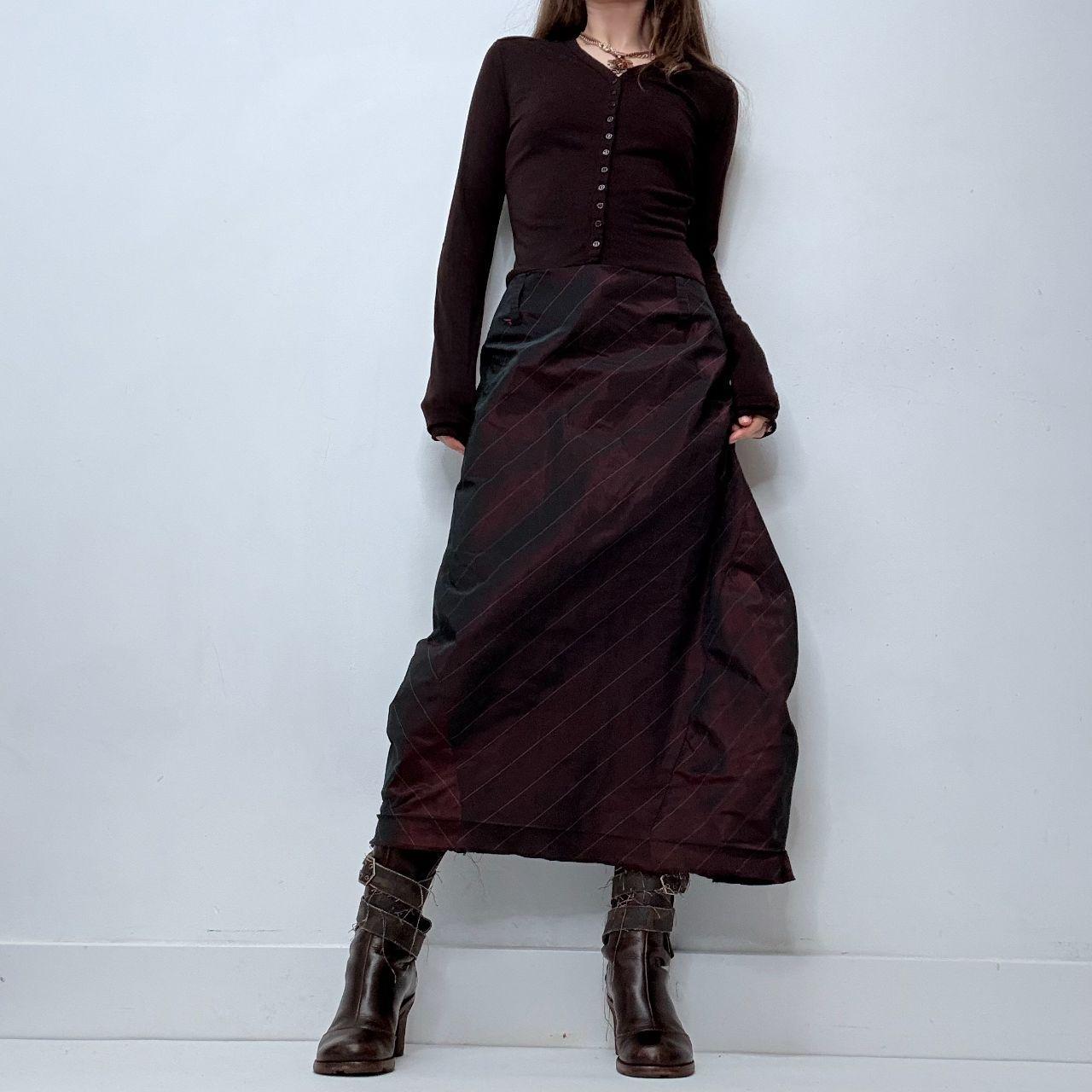 Burgandy pinstripe flared maxi dress