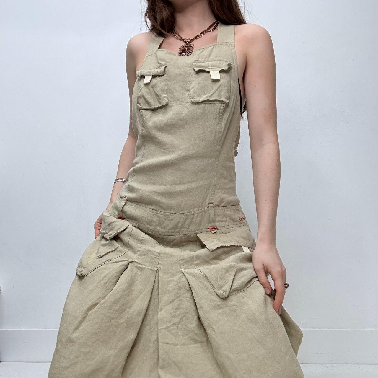Tan linen pleated cargo dress