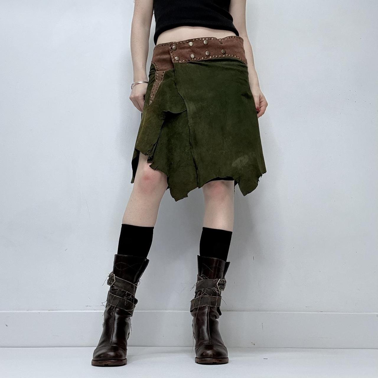 Khaki green studded boho leather skirt belt