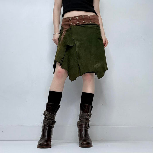 Khaki green studded boho leather skirt belt