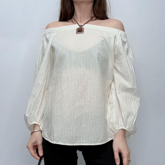 Cream sheer off the shoulder puff shirt