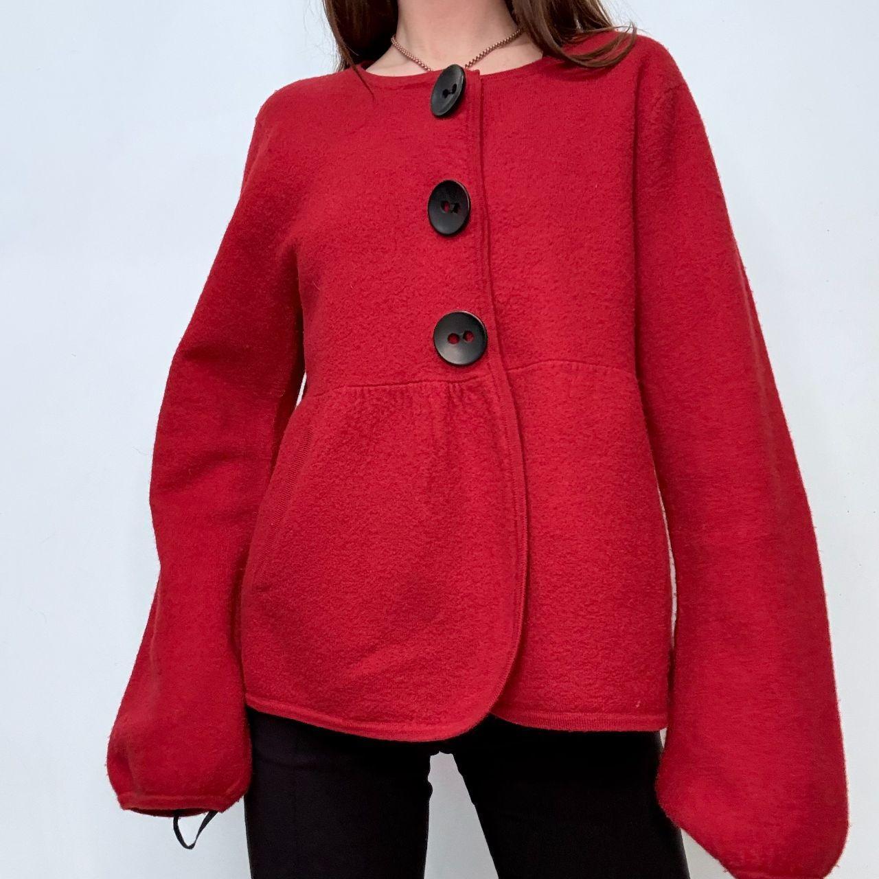 Red flared oversized button puff peacoat cardi