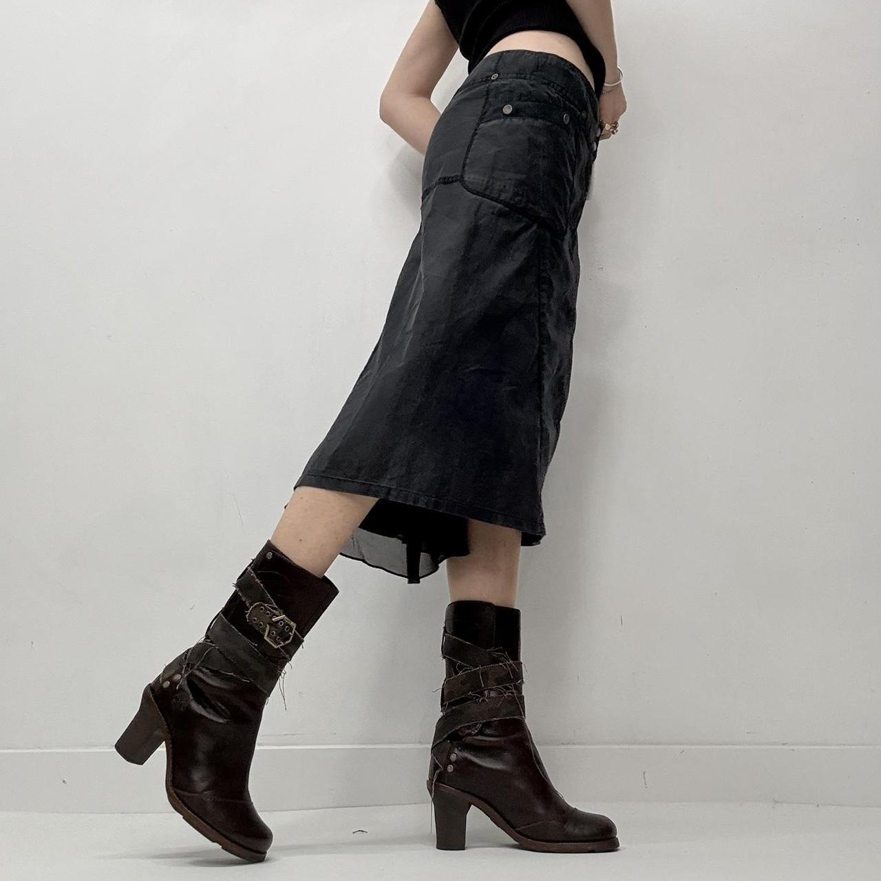 Distressed grey cargo flared midi skirt
