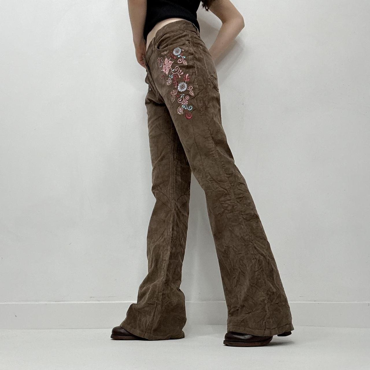 Brown cord embroidered flared trousers