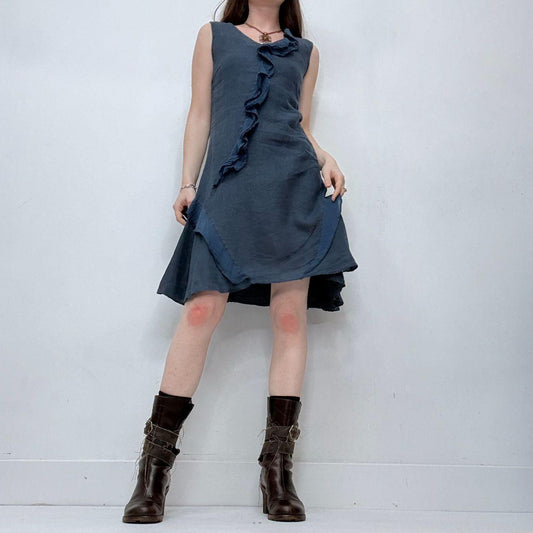 Blue linen flutter flared midi dress