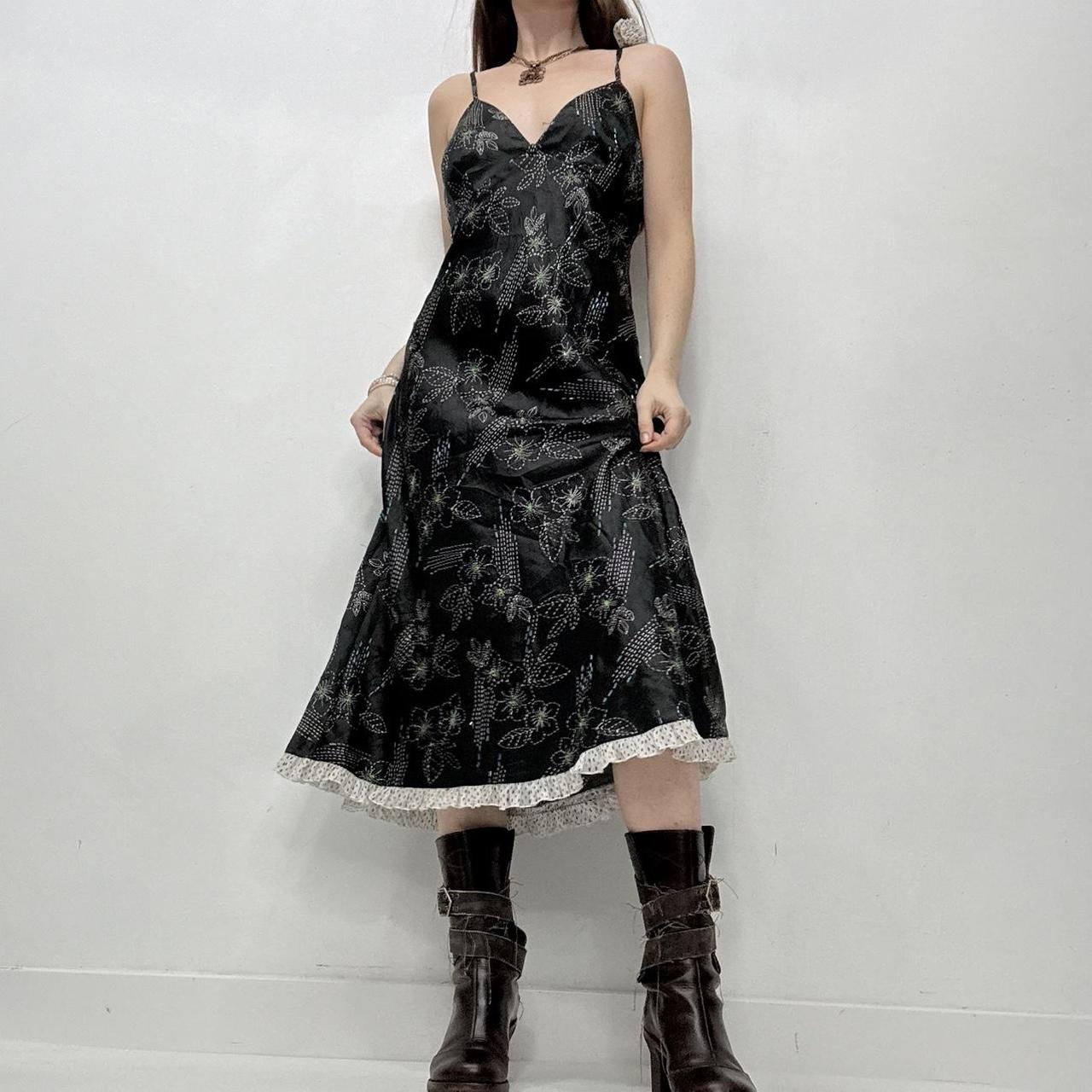 Black floral satin slip midi dress