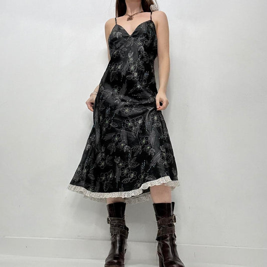 Black floral satin slip midi dress