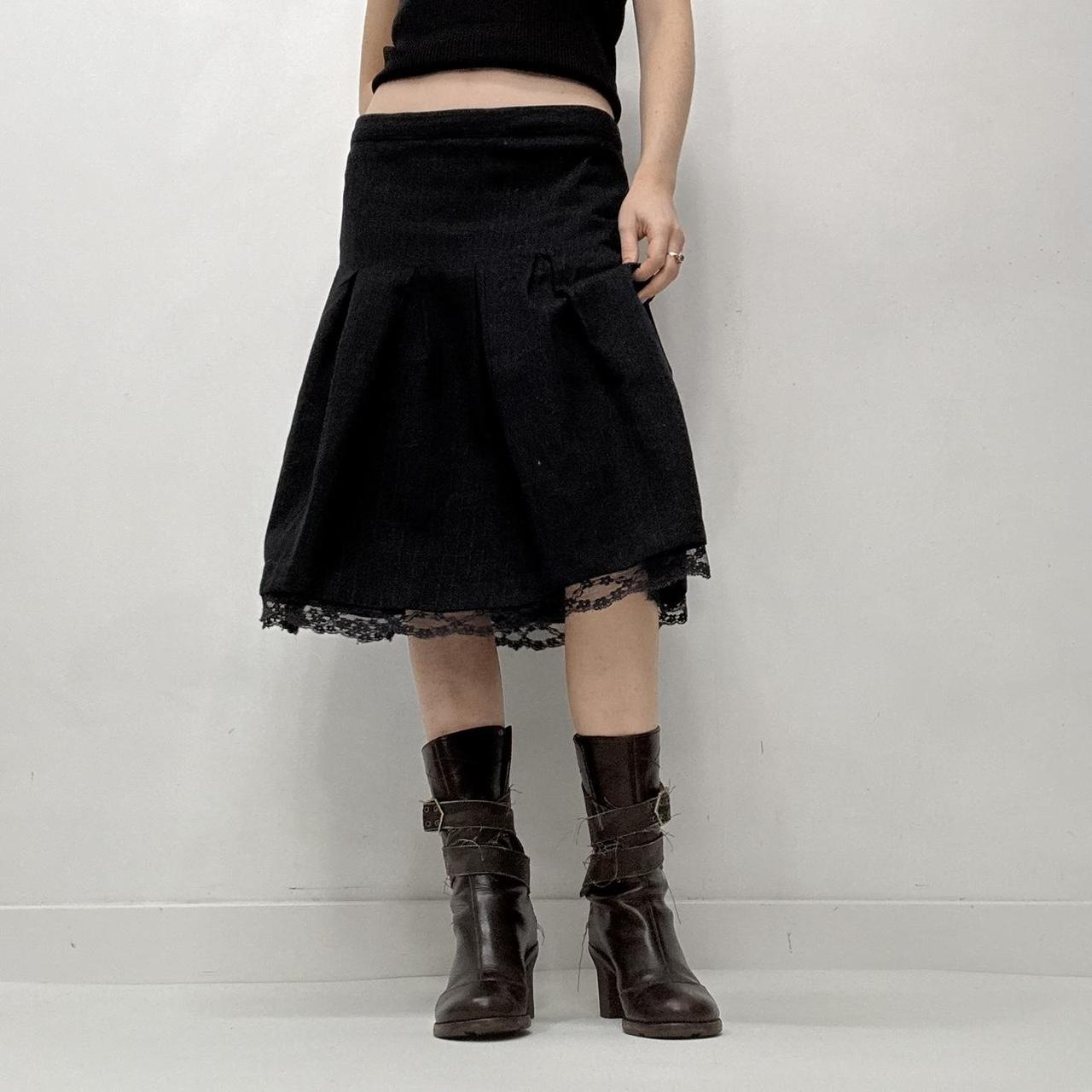 Pinstripe pleated lace midi skirt