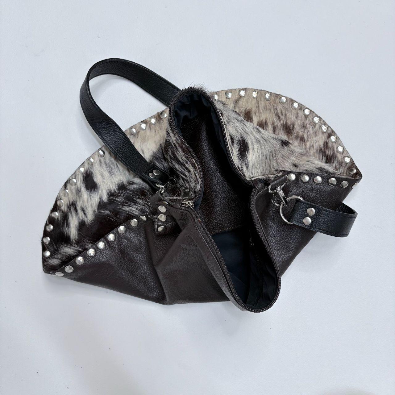 Pony hide studded cow shoulder bag