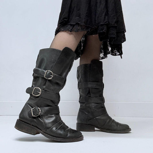 Black leather buckle boots
