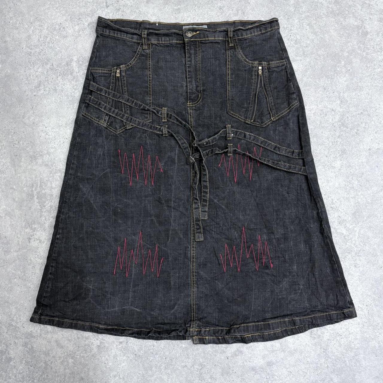 Distressed denim grunge midi skirt