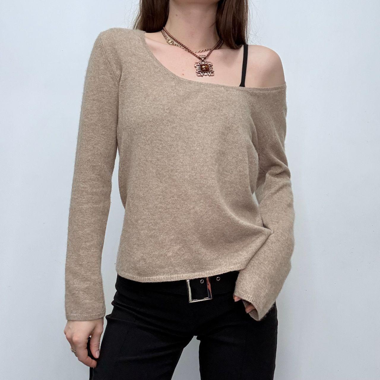 Tan cashmere wide neck jumper