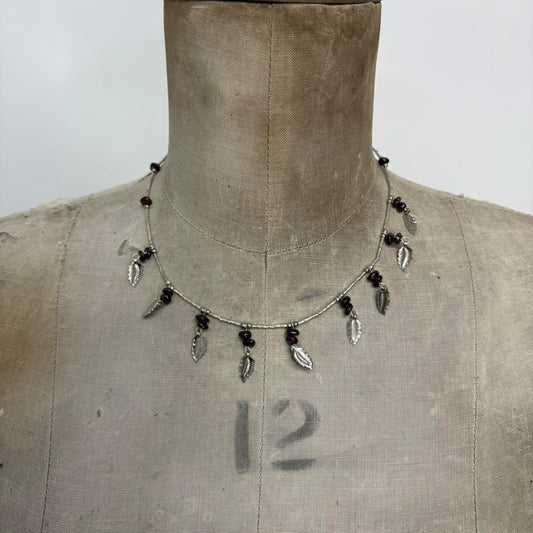 Silver bead draped leaf necklace