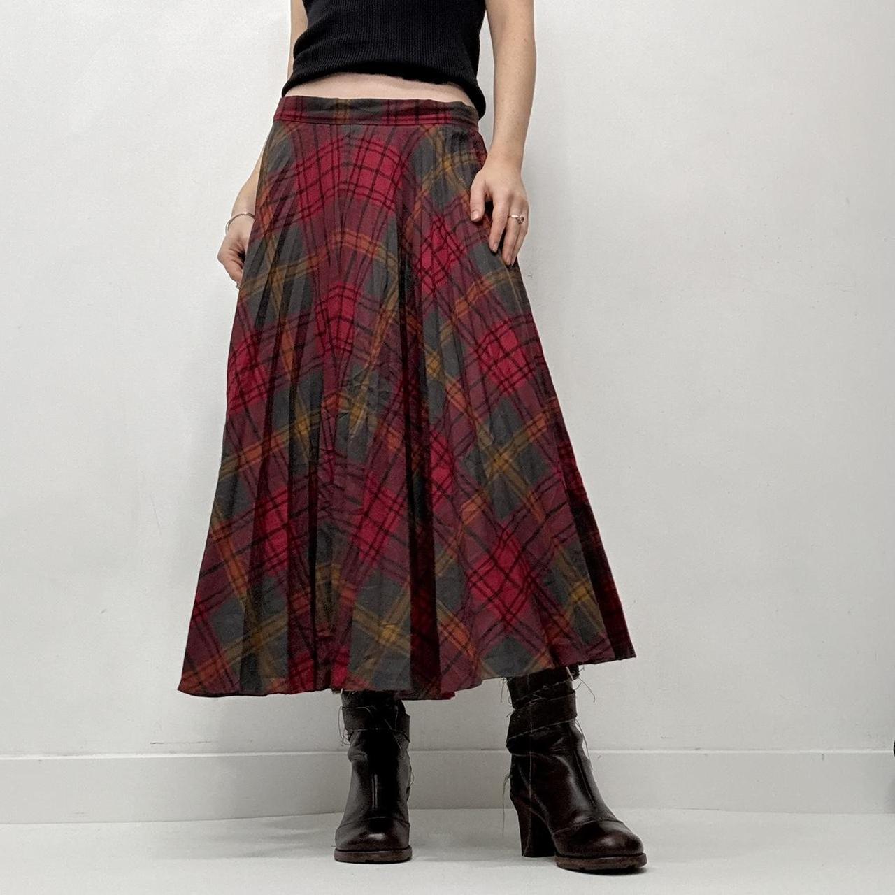Red pleated tartan maxi skirt