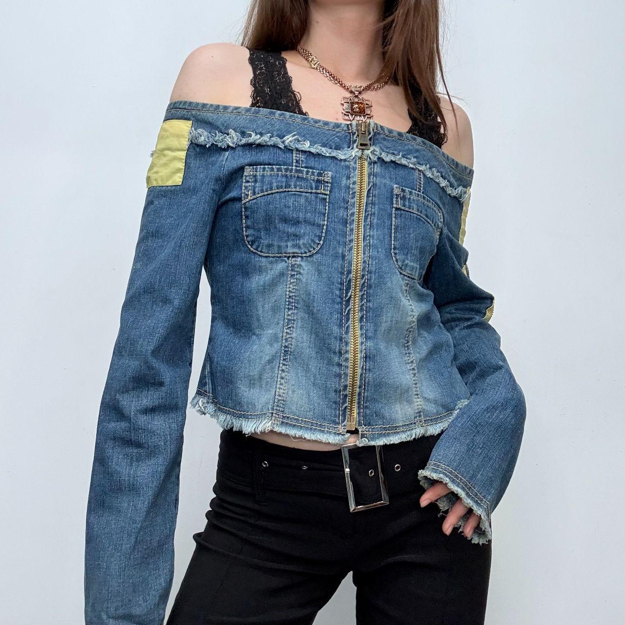 Distressed denim off the shoulder utility jacket