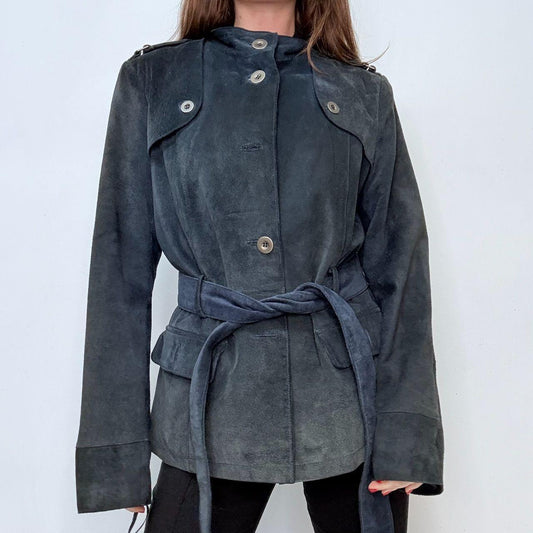 Navy suede high neck flared jacket