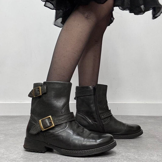 Chunky black leather buckle boots