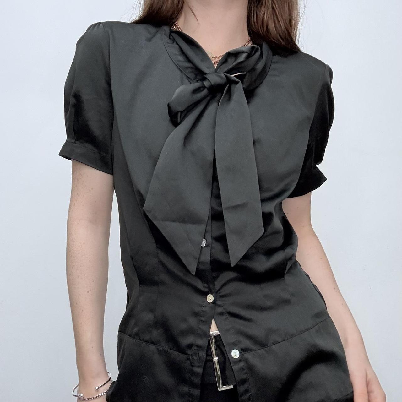 Black satin fitted bow shirt