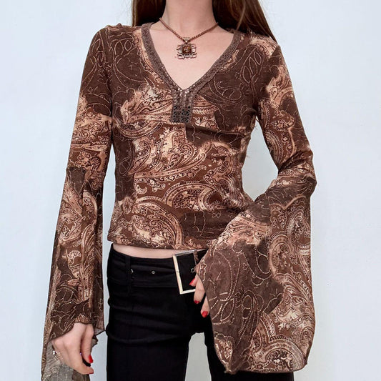 Brown flutter flared bell sleeve blouse