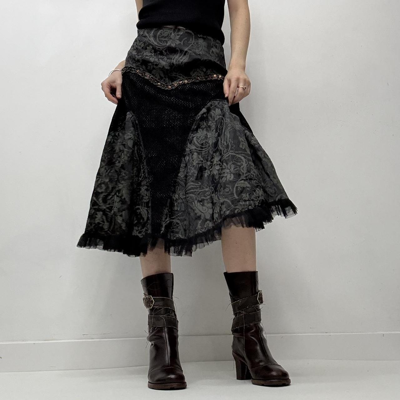 Black grunge baroque patterned midi skirt