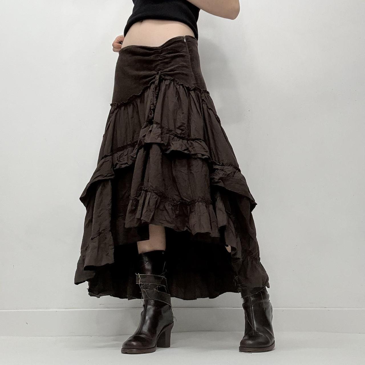 Brown tiered asymmetric maxi skirt