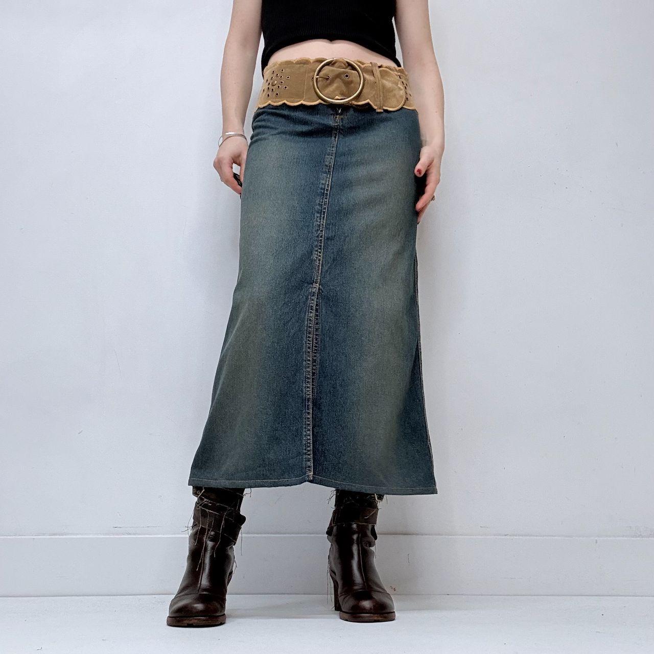 Chunky belted denim slit maxi skirt
