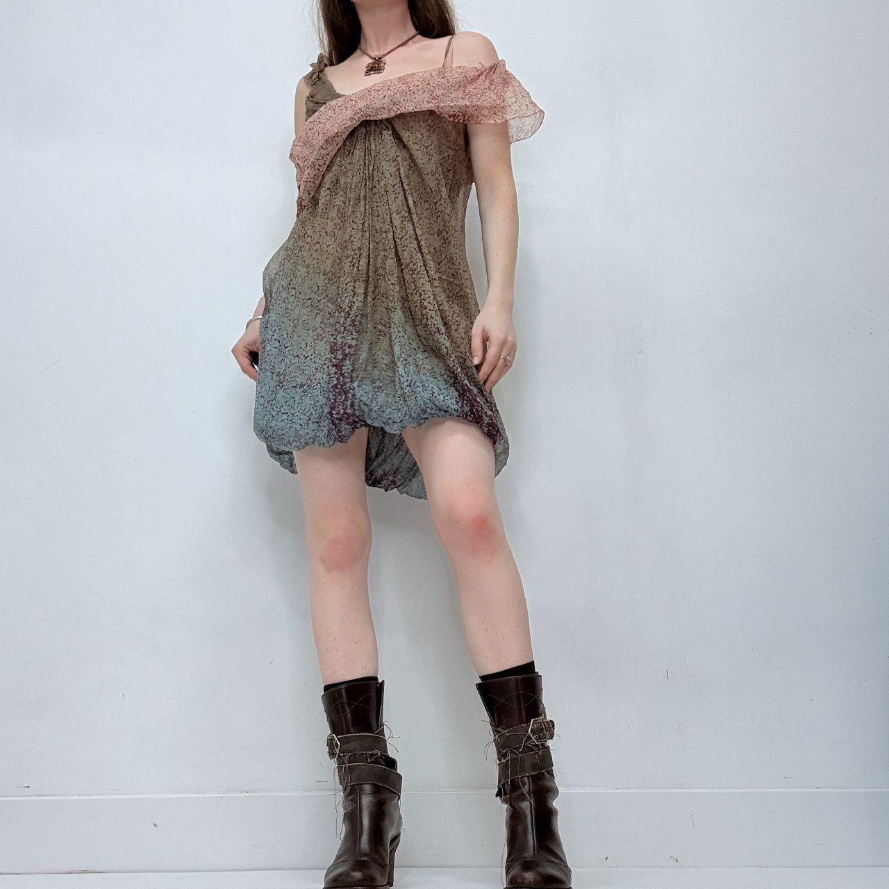 Sheer floral flutter asymmetric mini dress