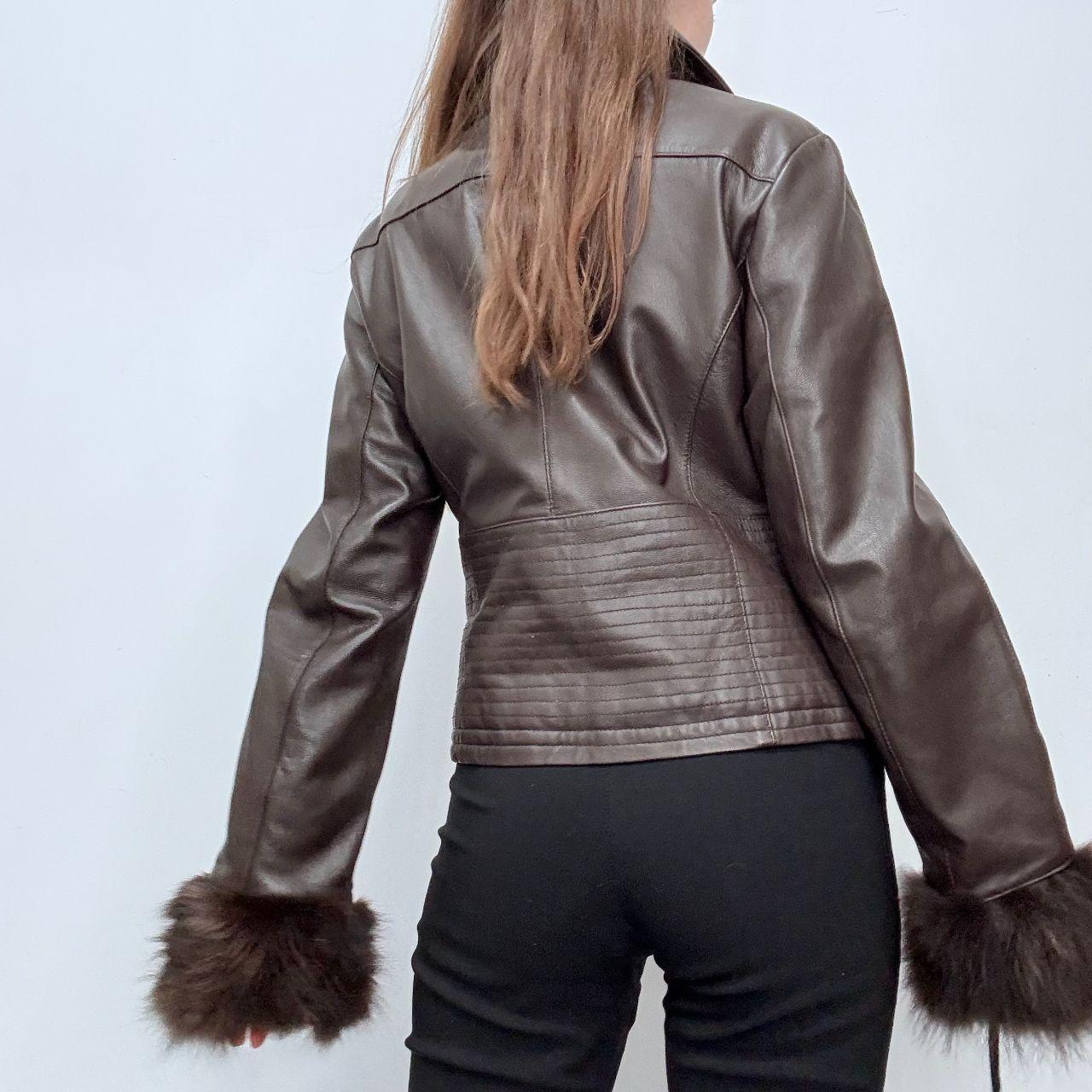 Brown leather flared buckle jacket