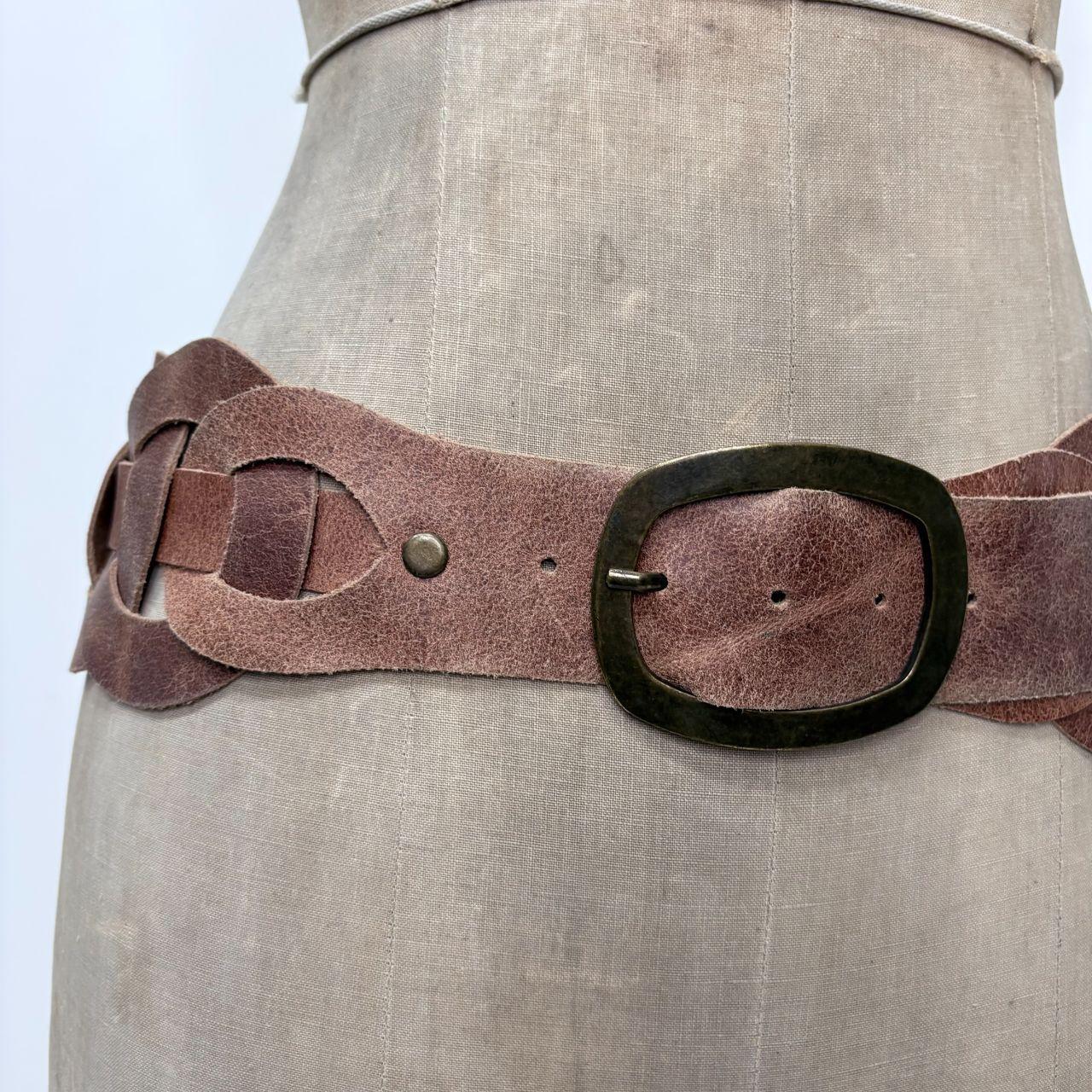 Brown leather chunky woven belt