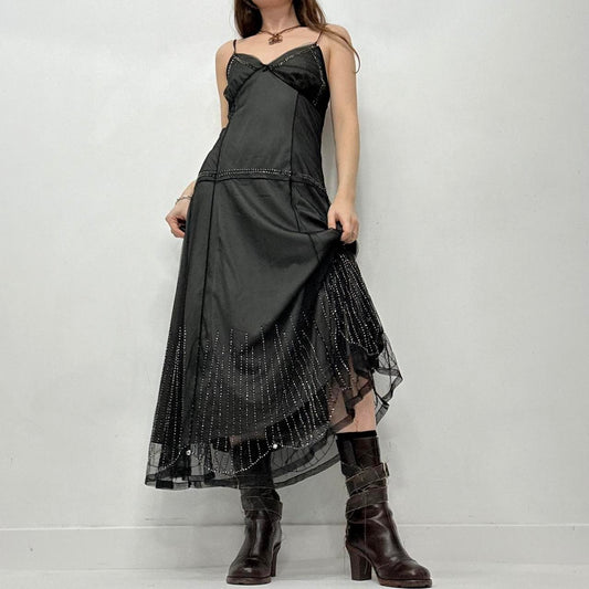 Black mesh layered beaded maxi dress