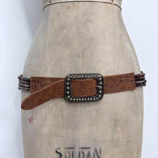 Brown leather beaded western belt