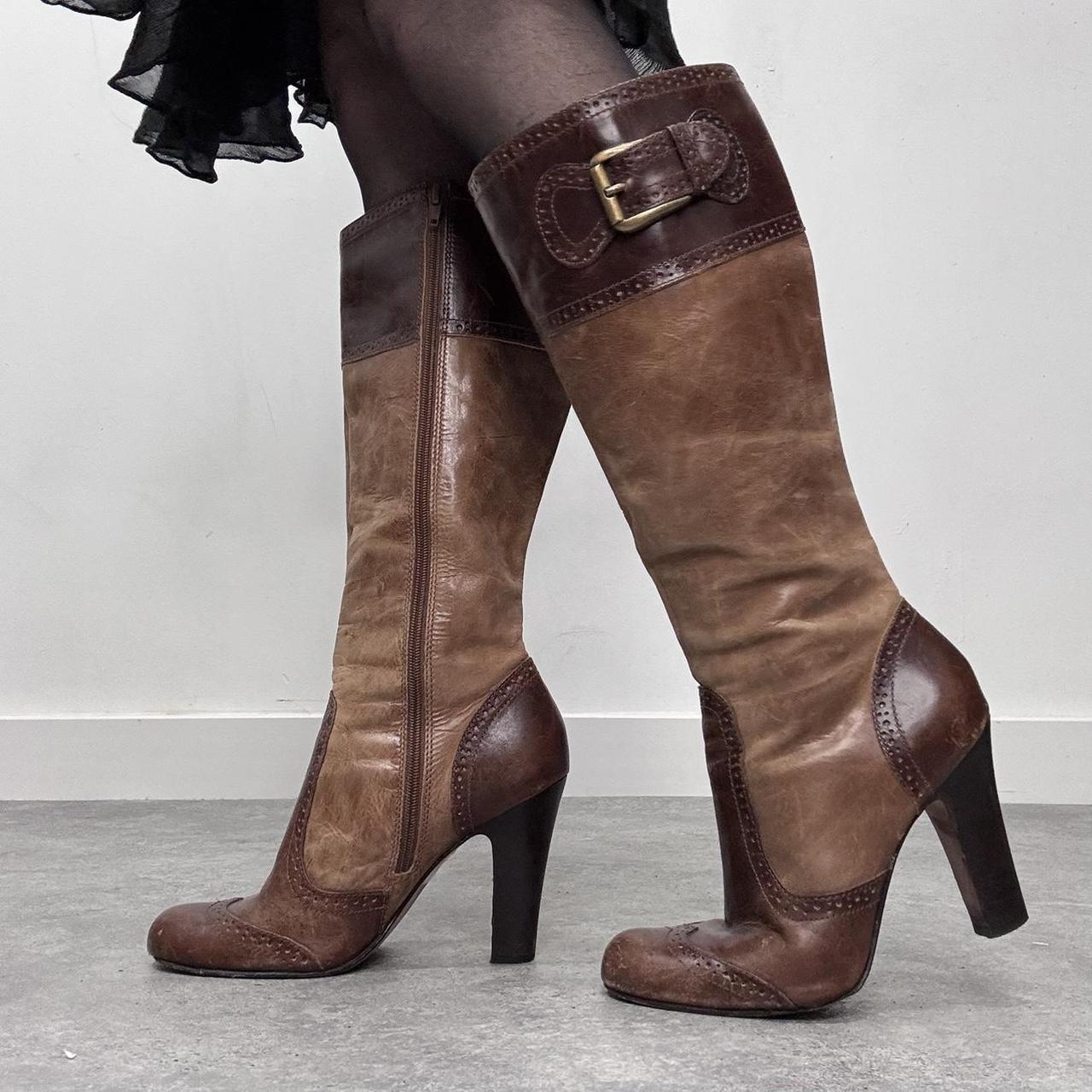 Brown leather brogue heel boots