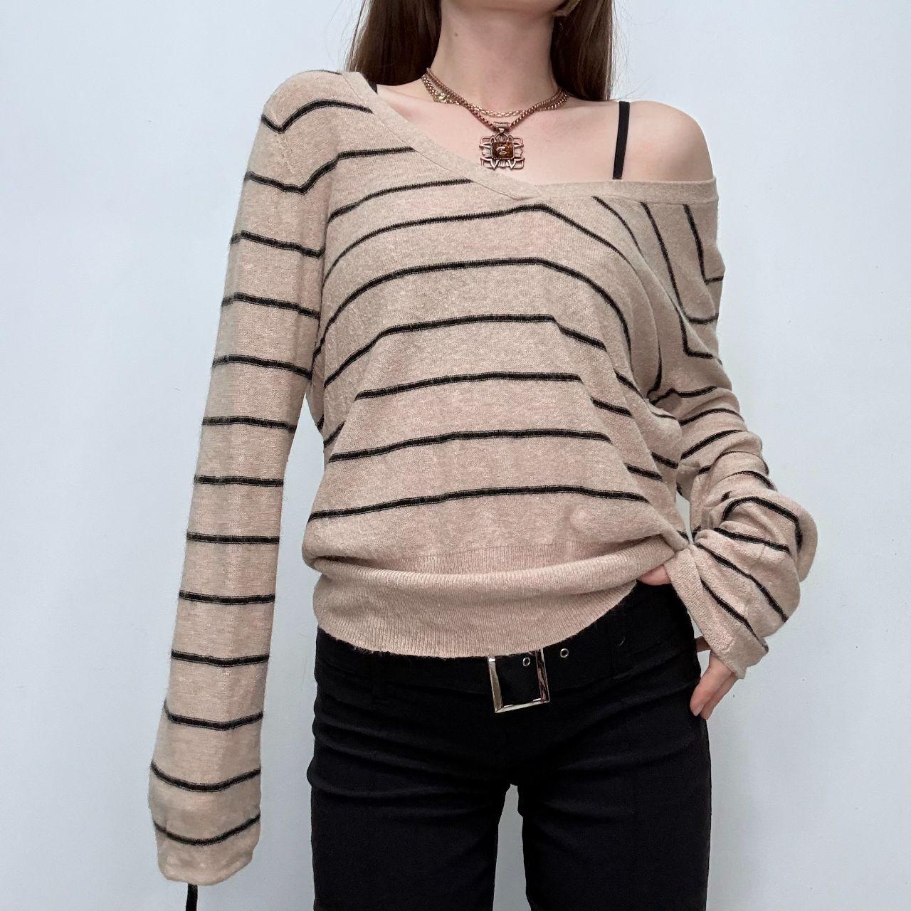 Tan pinstripe wide neck slouchy jumper