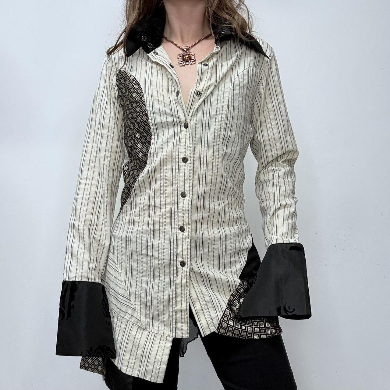 Pinstriped flared Save the Queen shirt