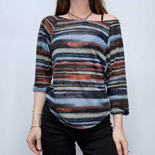 Distressed stripe slouchy sheer top
