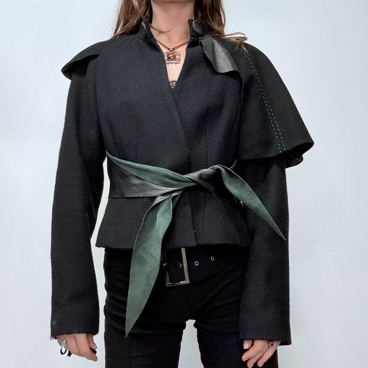 Black asymmetric flared draped jacket