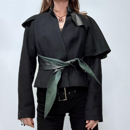 Black asymmetric flared draped jacket
