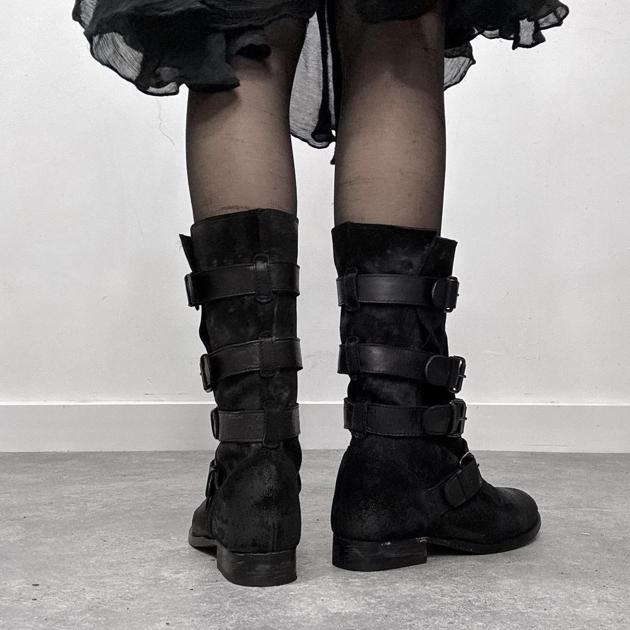 Black leather buckle biker boots