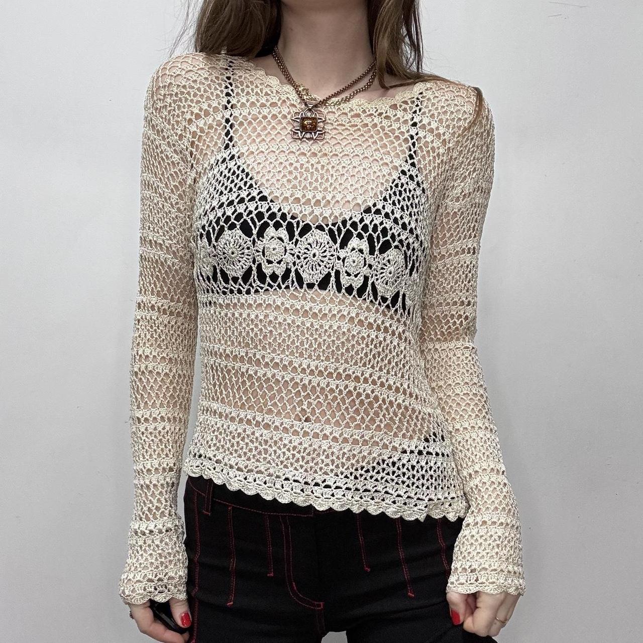 Sheer cream lace knit crochet top