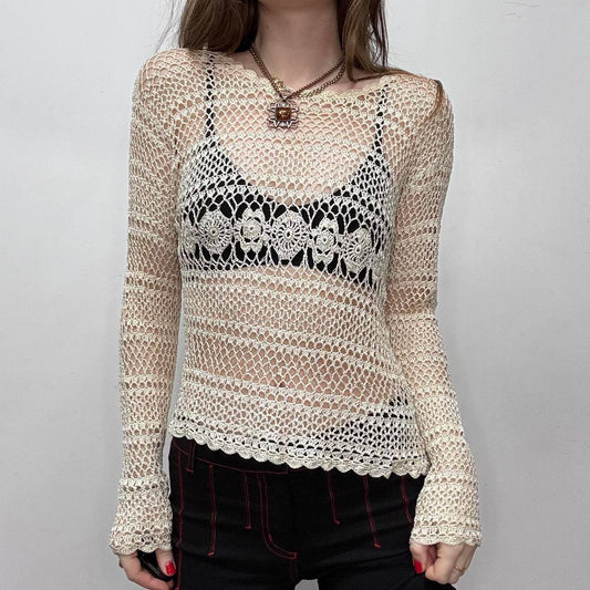 Sheer cream lace knit crochet top