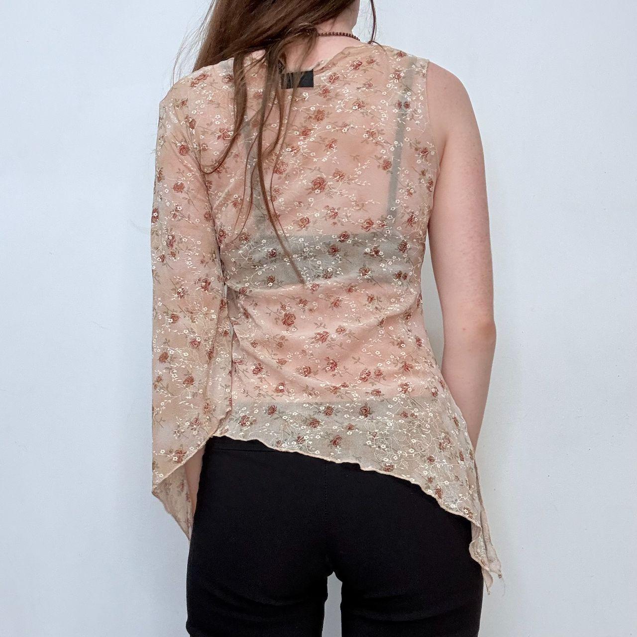 Asymmetric sheer flutter floral top