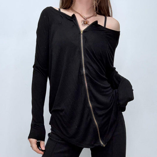 Black slouchy zipped wide neck top