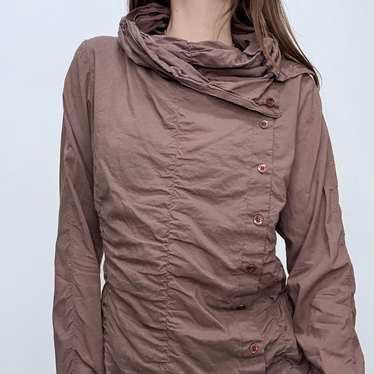 Brown asymmetric gathered cotton shirt