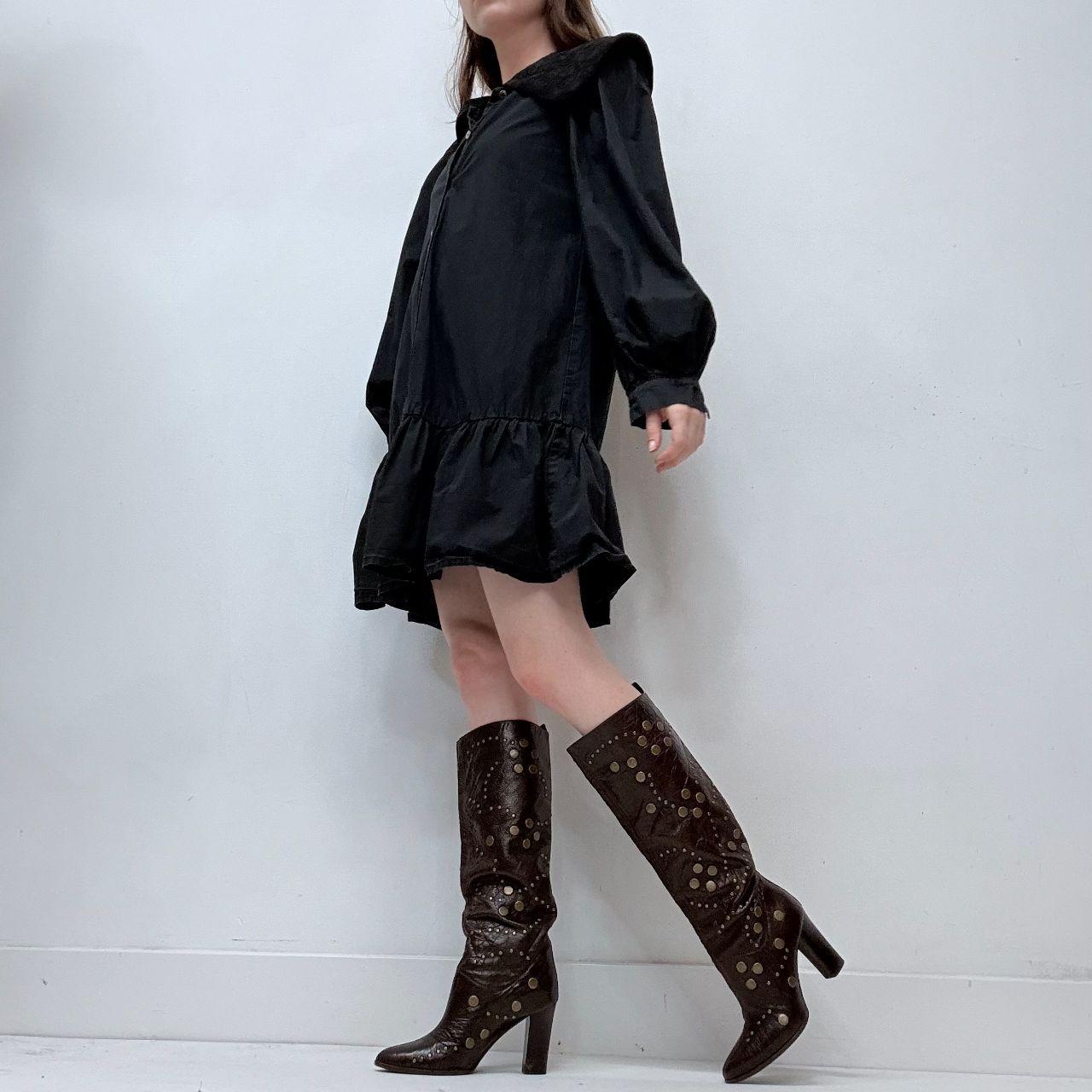 Black puff embroidered shirt dress